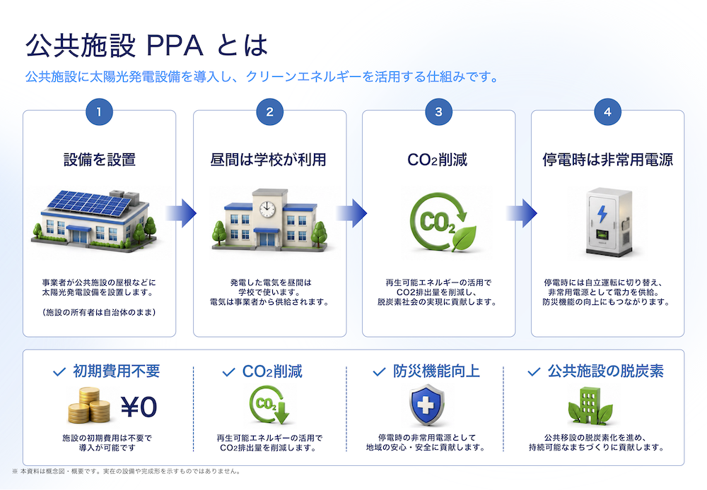 公共施設PPAとは 公共施設に太陽光発電設備を導入し、クリーンエネルギーを活用する仕組みです